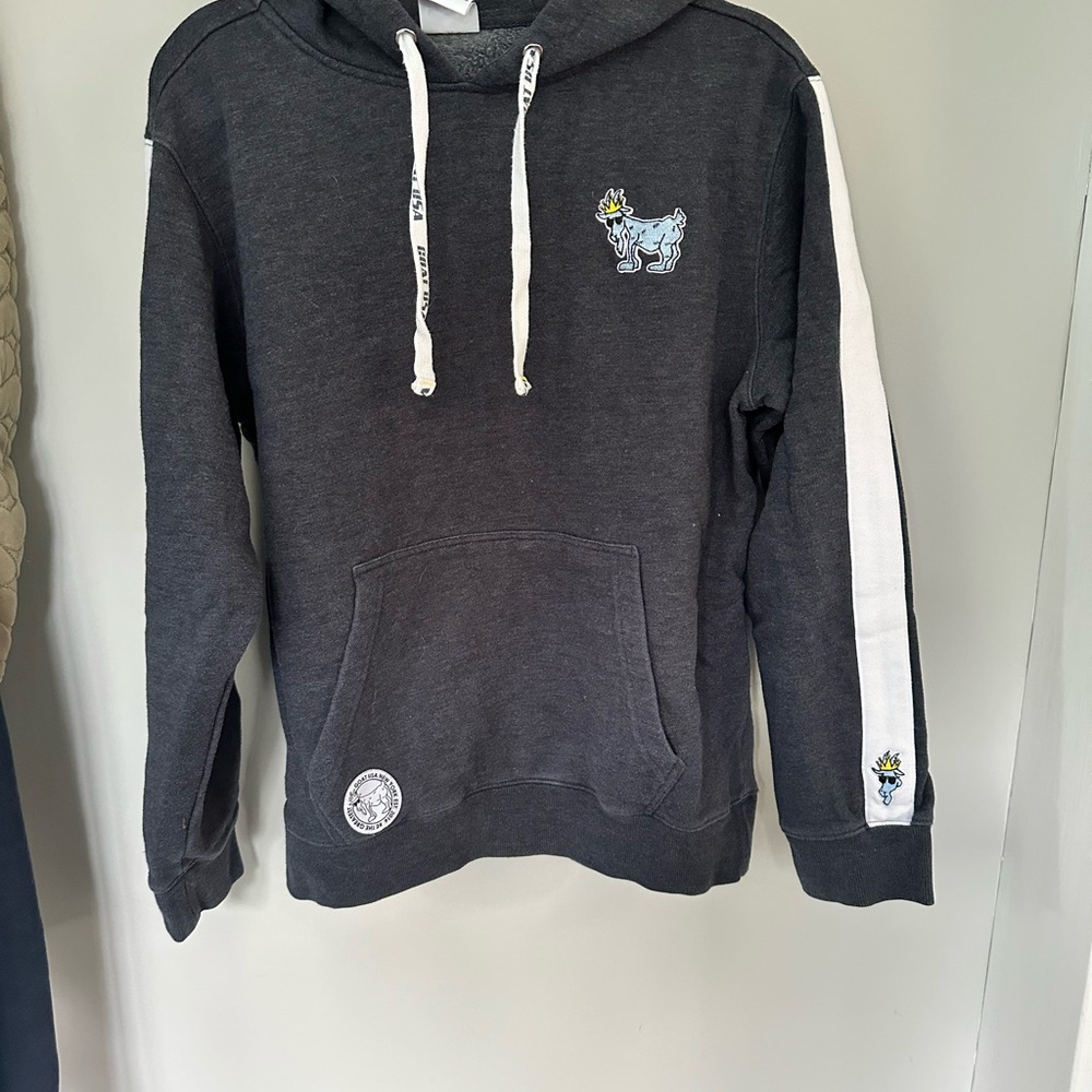 Grey GOAT USA hoodie with white stripe on sleeve